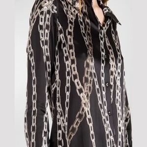 Secret Mission Silk Chain Print Black Buttoned-up Blouse